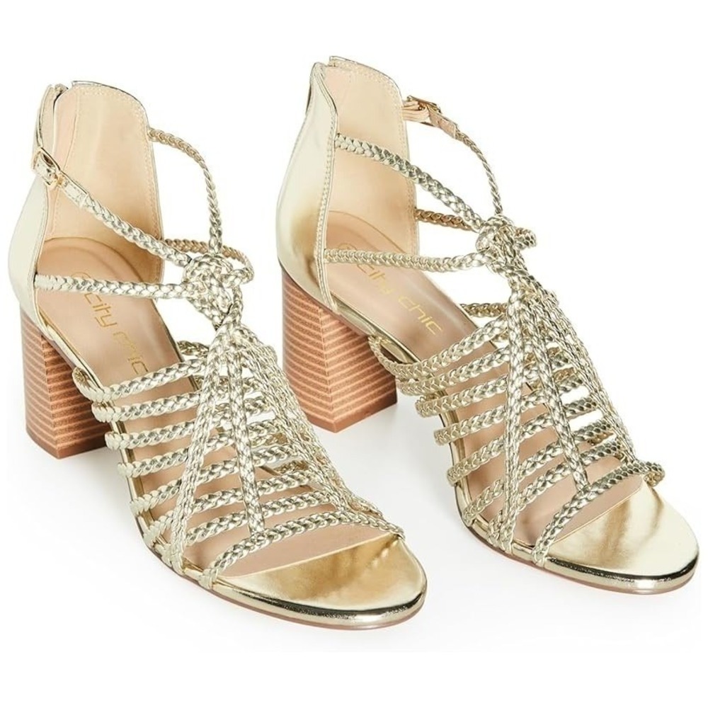 City Chic Gold Braided Mida Heel Women's Size 39 Wide Fit Strappy Sandals Gold